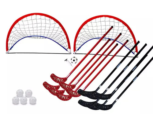 Hockey-/floorballset met sticks, 5 ballen en doelen - 110cm x 80cm - 12 sticks