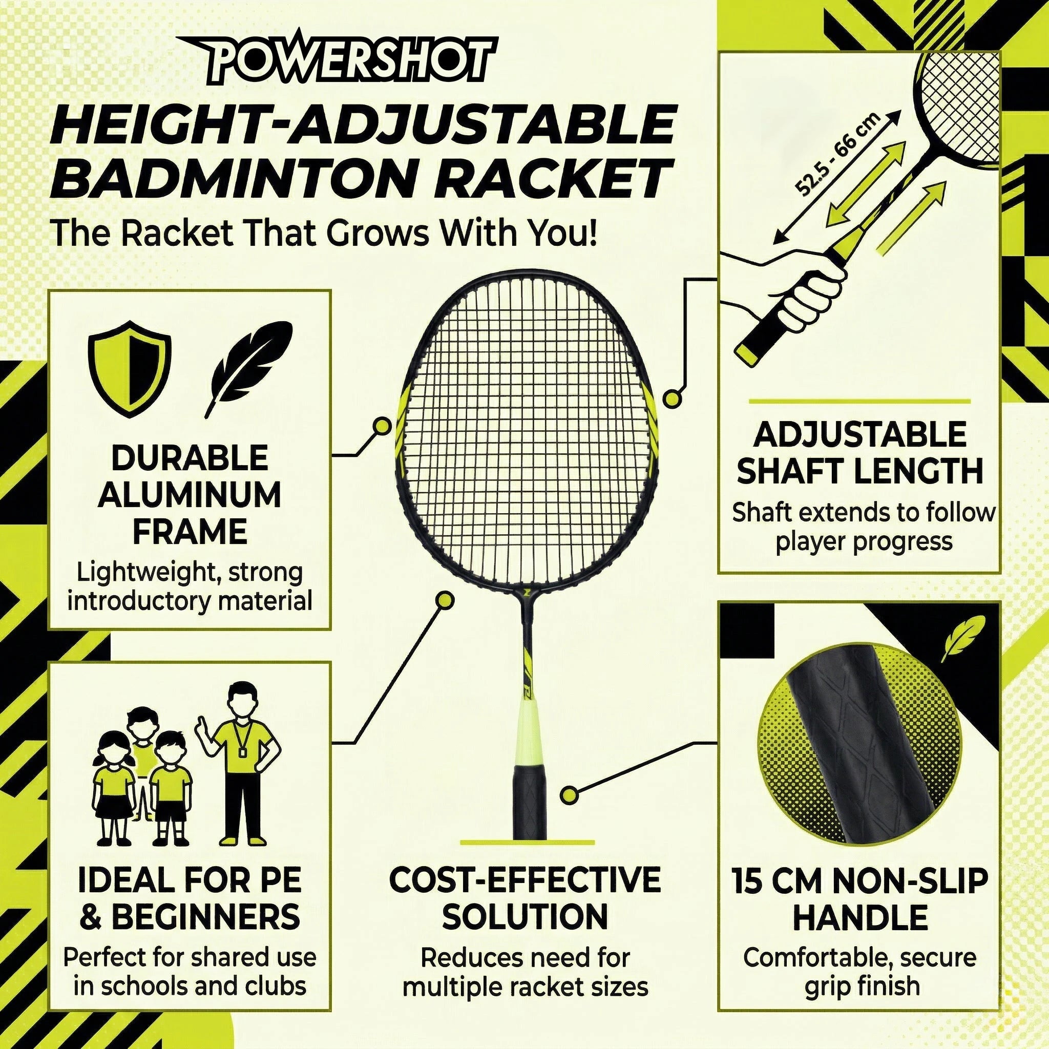 Height adjustable badminton racket - 52.5cm to 66cm
