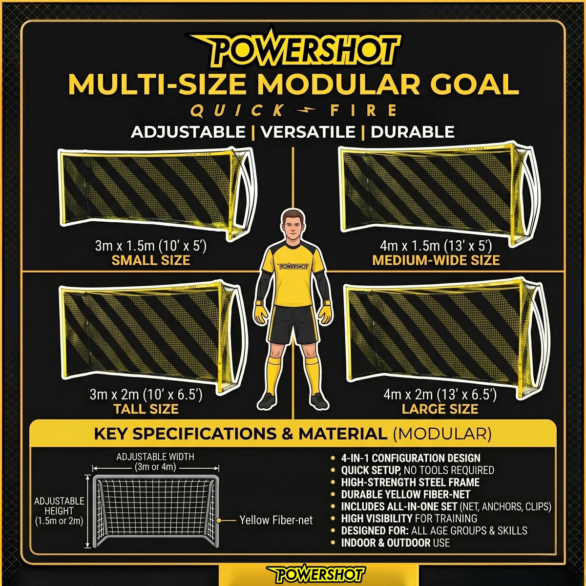 QuickFire® voetbaldoel – 3 of 4m x 1.5 of 2m - Meerdere maten