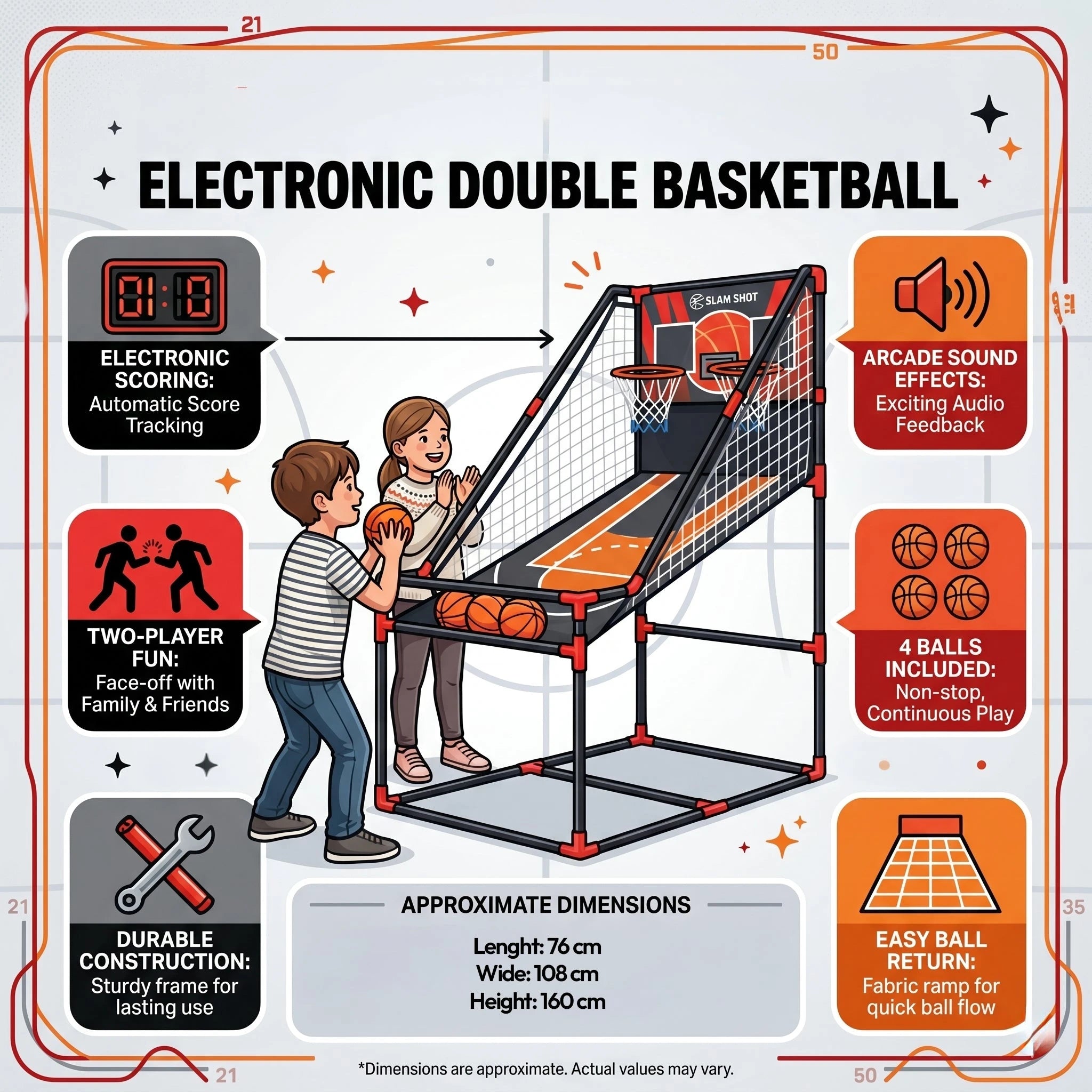 Soozier Electronic Basketball Arcade Game - 2 Player Hoop Game With Scoreboard