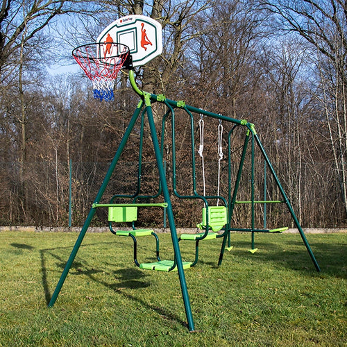 Three-station swing with basketball hoop