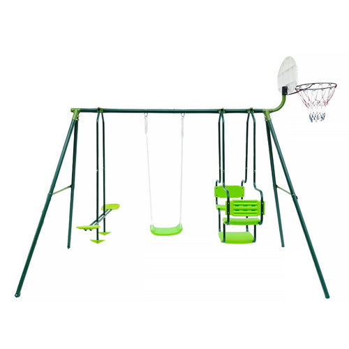 Three-station swing with basketball hoop