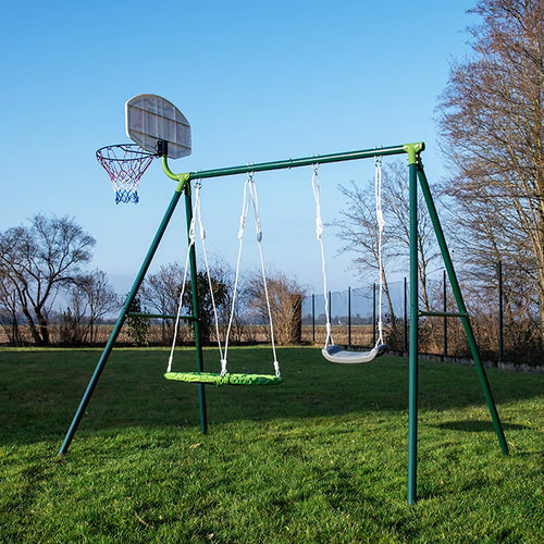 Two-station swing with basketball hoop