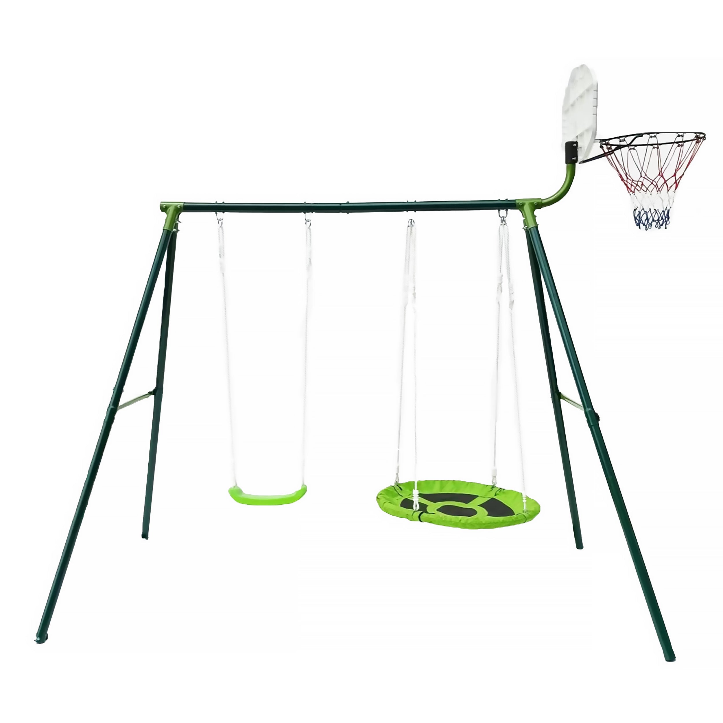 Two-station swing with basketball hoop