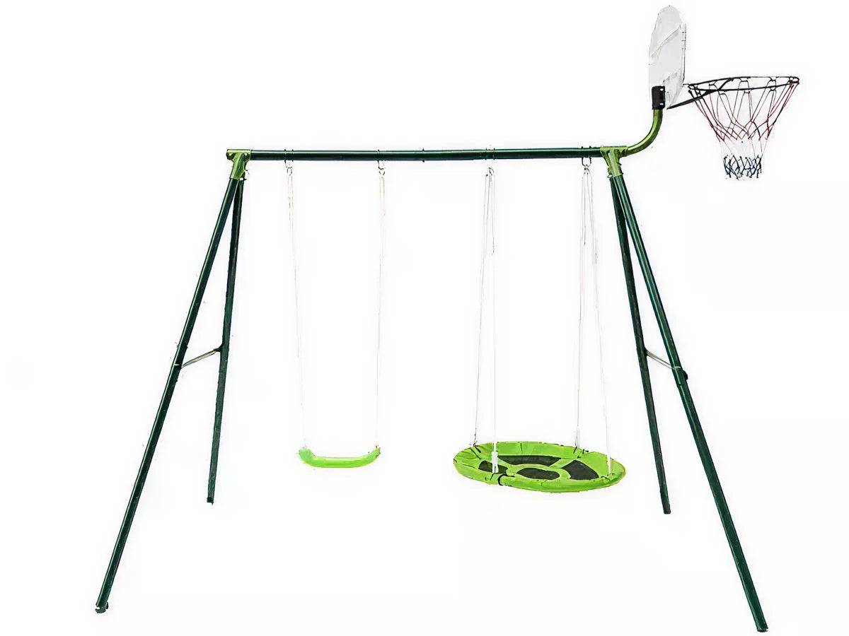 Two-station swing with basketball hoop