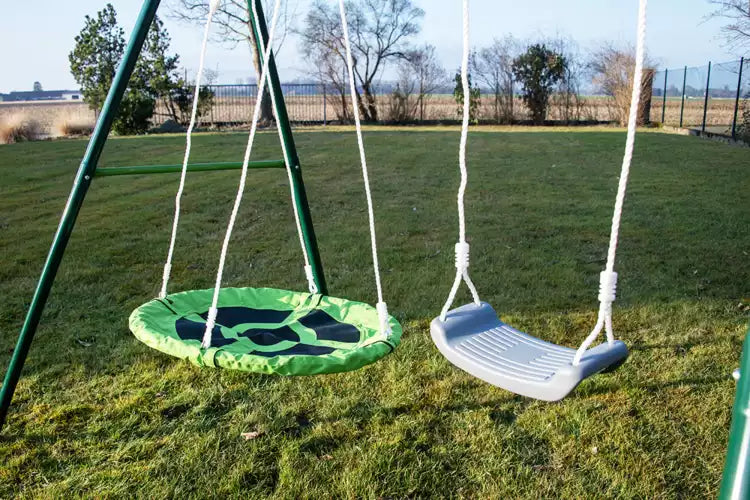 Two-station swing with basketball hoop