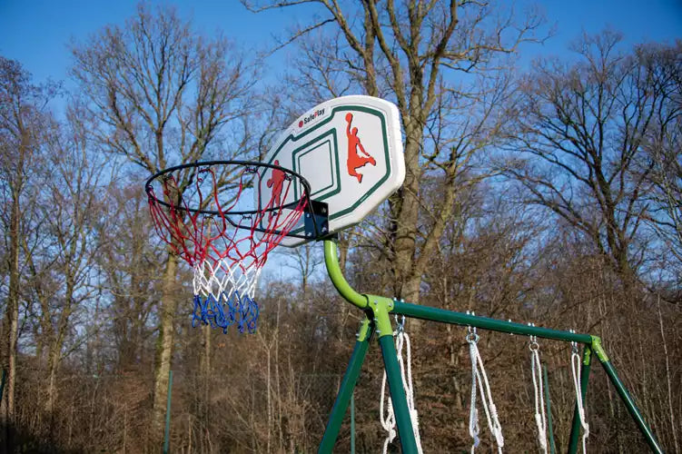 Two-station swing with basketball hoop