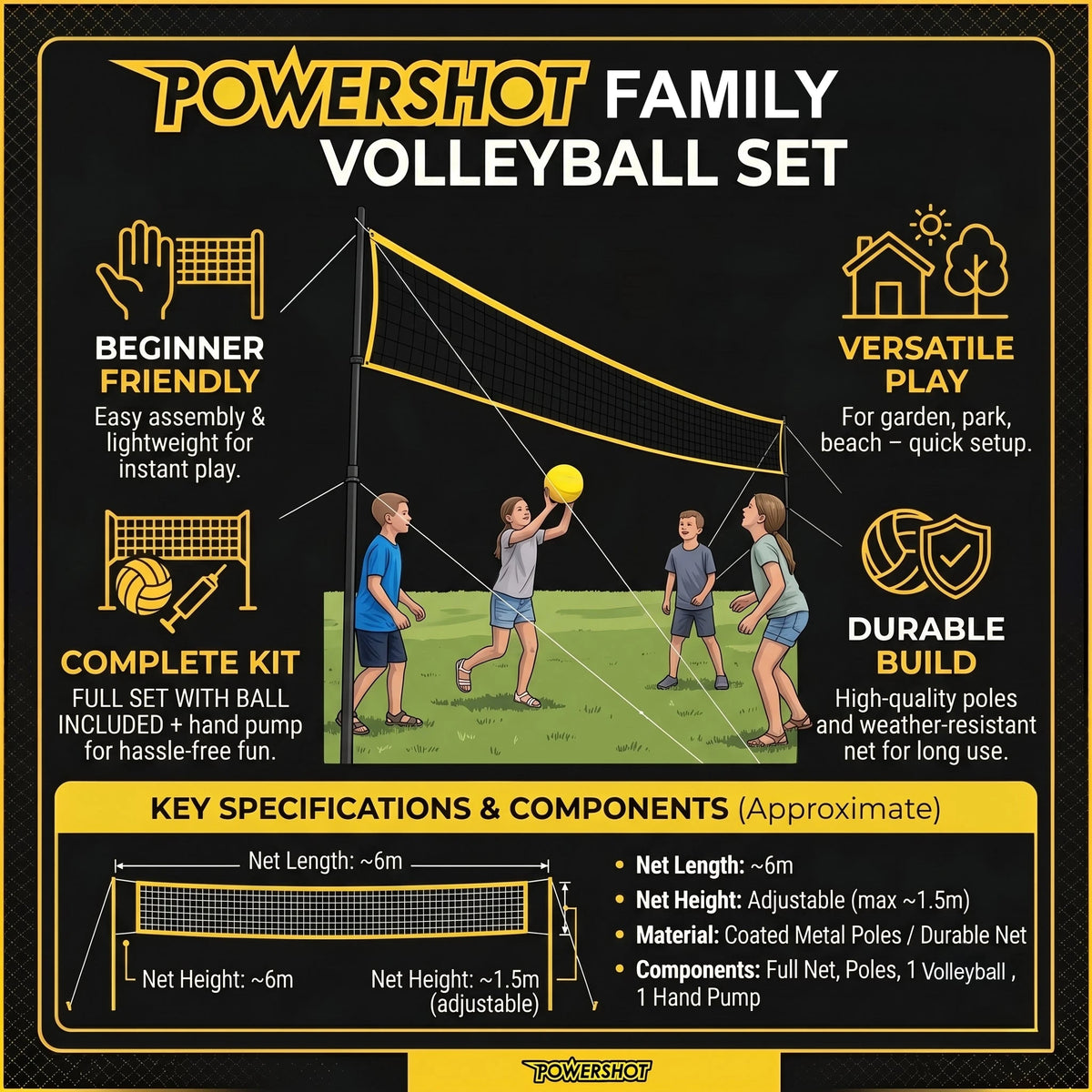 Volleybalset 6m met palen, net, bal en pomp