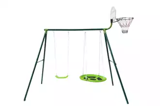 Two apparatus swings with basketball hoop